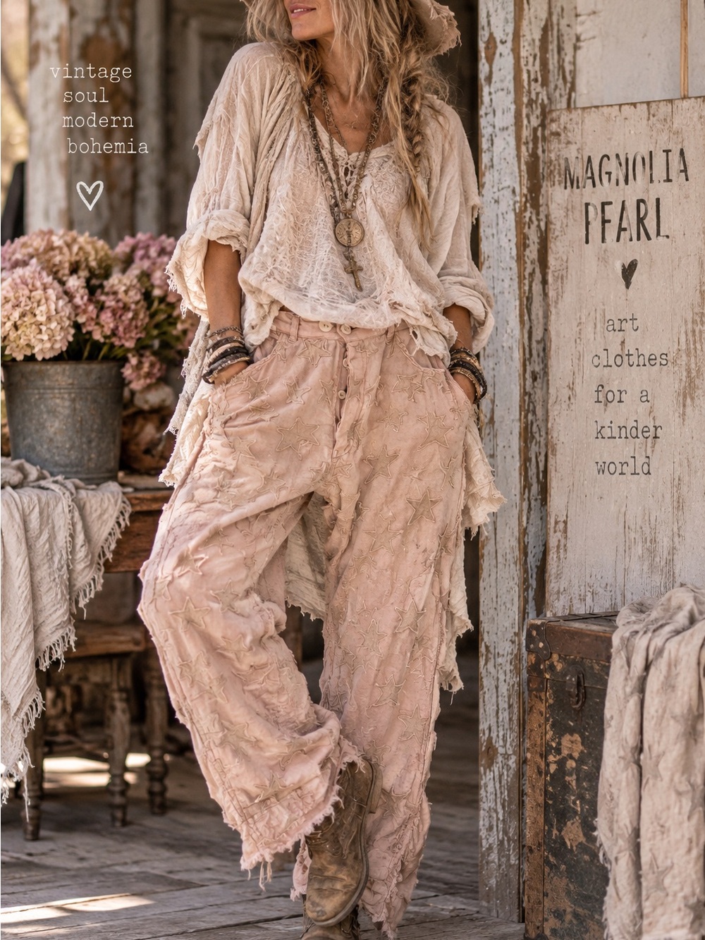 Magnolia Pearl Women's Blush Star-Embroidered Wide Leg Pants